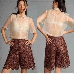 Anthropologie Brown Faux Leather  Floral Long Shorts 6